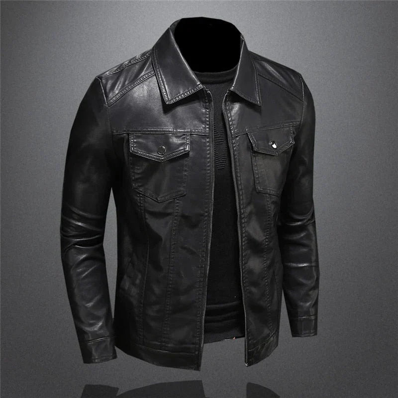 Herren Jacke Lederoptik Schwarz Slim Fit Reißverschluss Klassisch Elegant