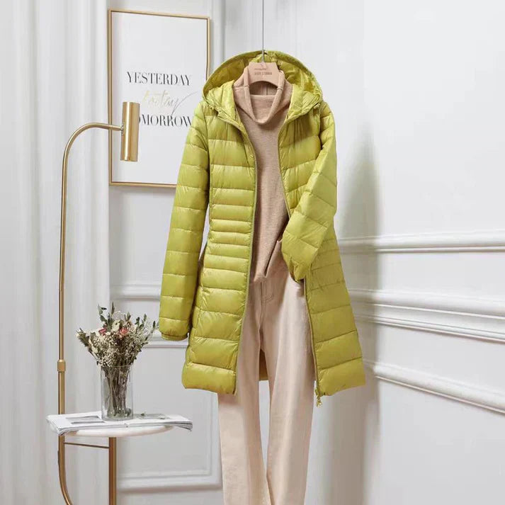 Damen Daunenjacke mit Kapuze, ultraleicht, wasserabweisend, packbar, schlichte Silhouette