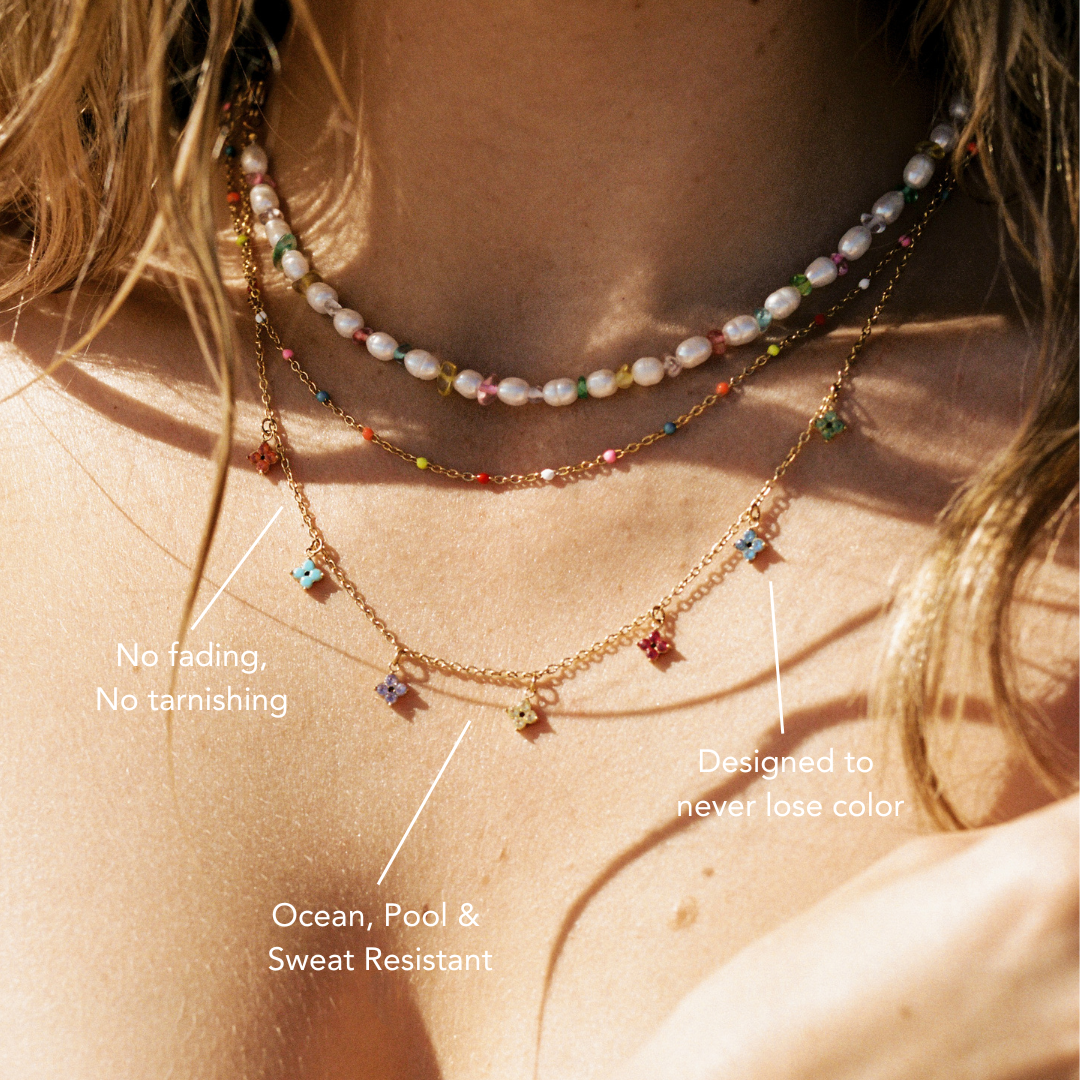 Damen Choker Halskette Gold Blumen Anhänger mit bunten Zirkonia Verstellbar Wasserfest Hypoallergen