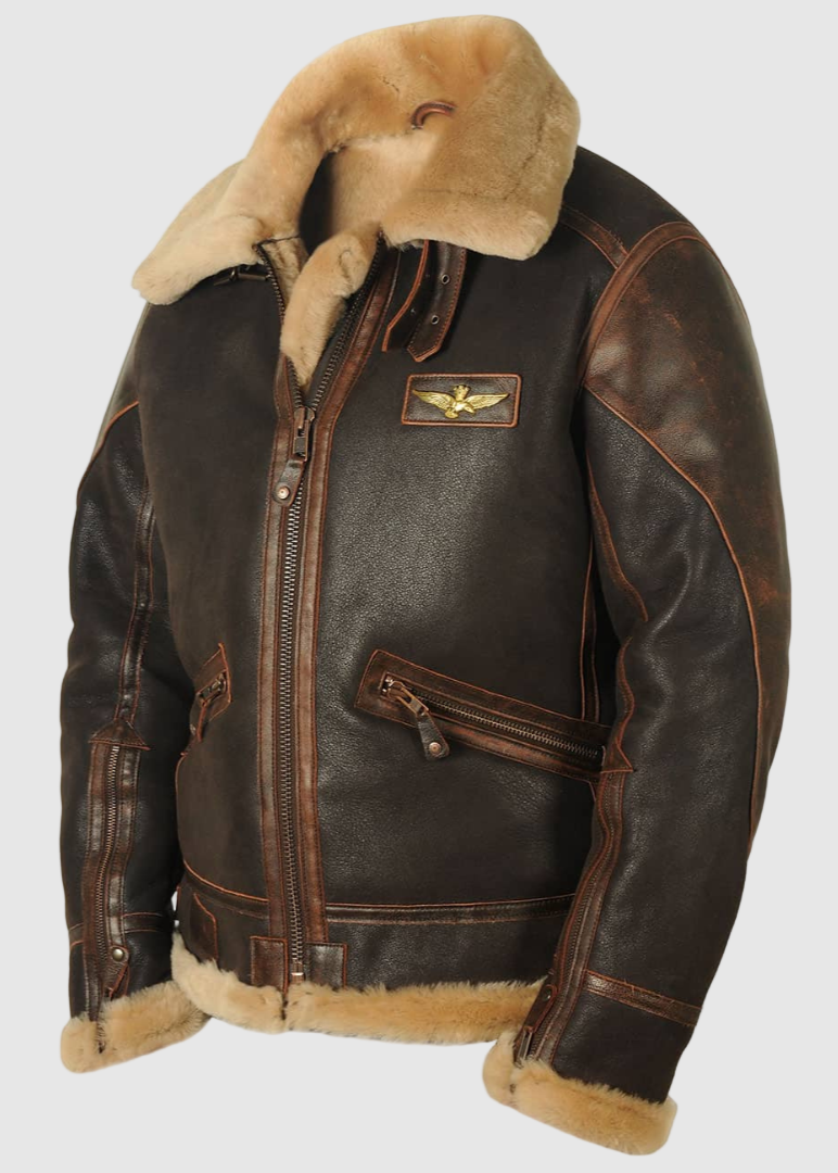 Herren Fliegerjacke Regular Fit Leder Schafwolle Futter Aviator Winter Warm Vintage Klassisch Outdoor Elegant