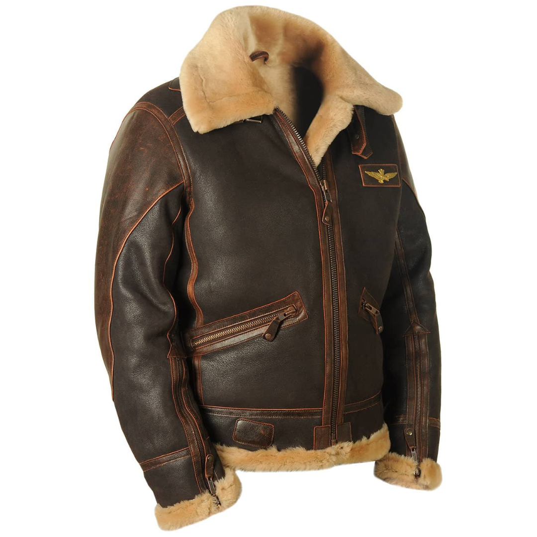 Herren Fliegerjacke Regular Fit Leder Schafwolle Futter Aviator Winter Warm Vintage Klassisch Outdoor Elegant
