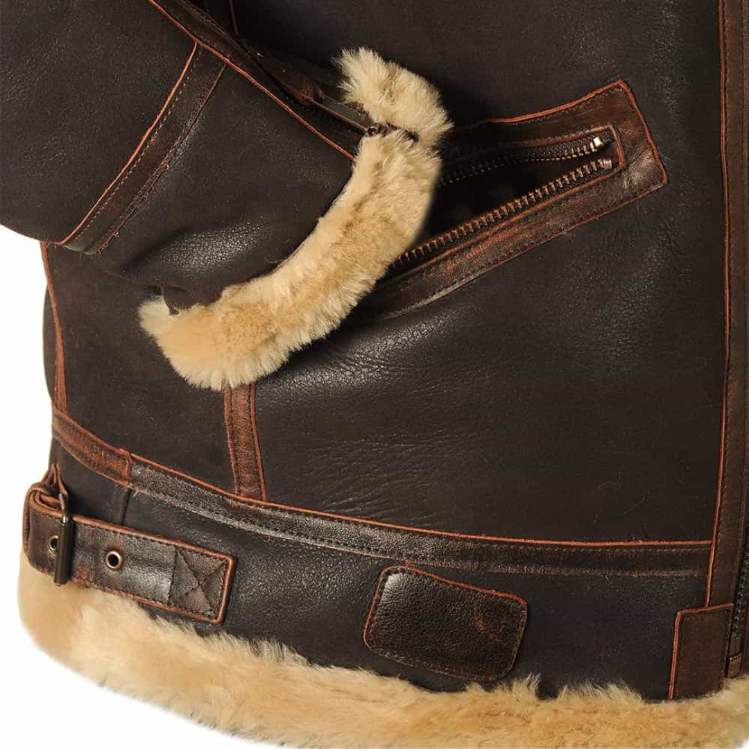 Herren Fliegerjacke Regular Fit Leder Schafwolle Futter Aviator Winter Warm Vintage Klassisch Outdoor Elegant