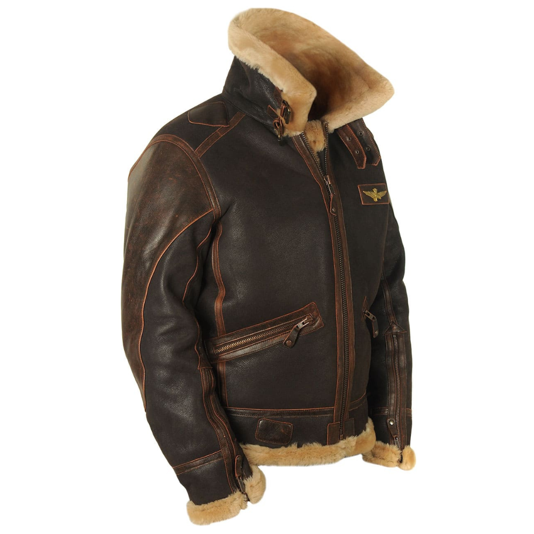 Herren Fliegerjacke Regular Fit Leder Schafwolle Futter Aviator Winter Warm Vintage Klassisch Outdoor Elegant