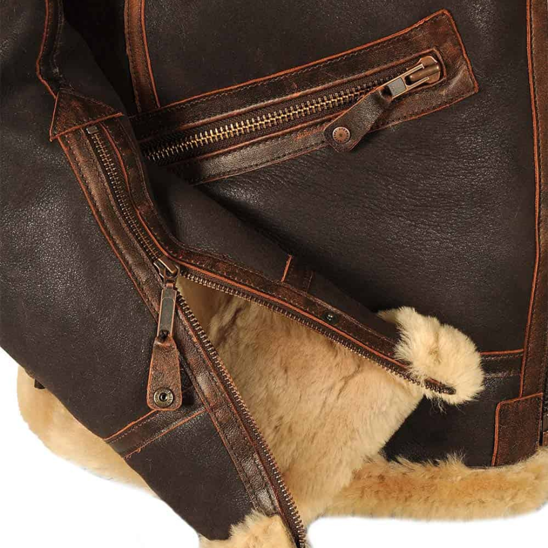 Herren Fliegerjacke Regular Fit Leder Schafwolle Futter Aviator Winter Warm Vintage Klassisch Outdoor Elegant