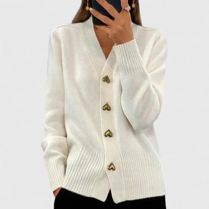 Damen Strickjacke Regular Fit V-Ausschnitt Herzknöpfe Strick Weich Alltag Elegant Büro Freizeit