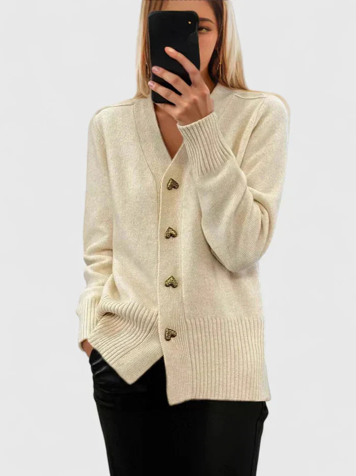 Damen Strickjacke Regular Fit V-Ausschnitt Herzknöpfe Strick Weich Alltag Elegant Büro Freizeit