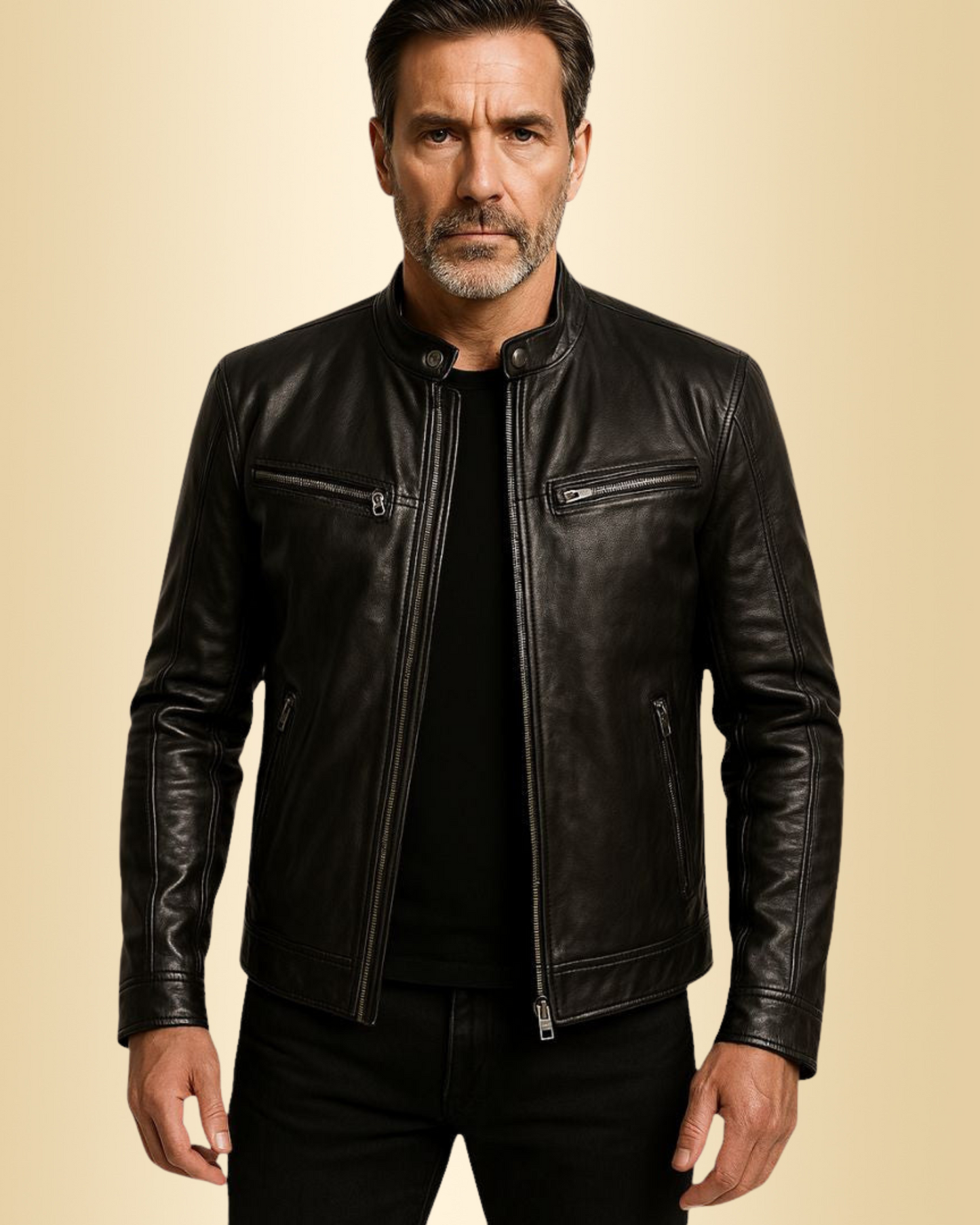 Herren Lederjacke Regular Fit Echtleder Stehkragen Reißverschluss Hüftlang Casual Business Elegant
