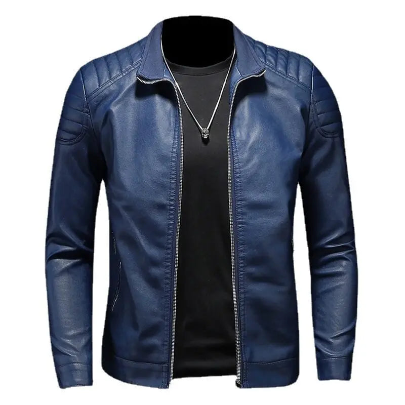 Herren Lederjacke einfarbig Slim Fit Reißverschluss Langarm Freizeit Bikerjacke