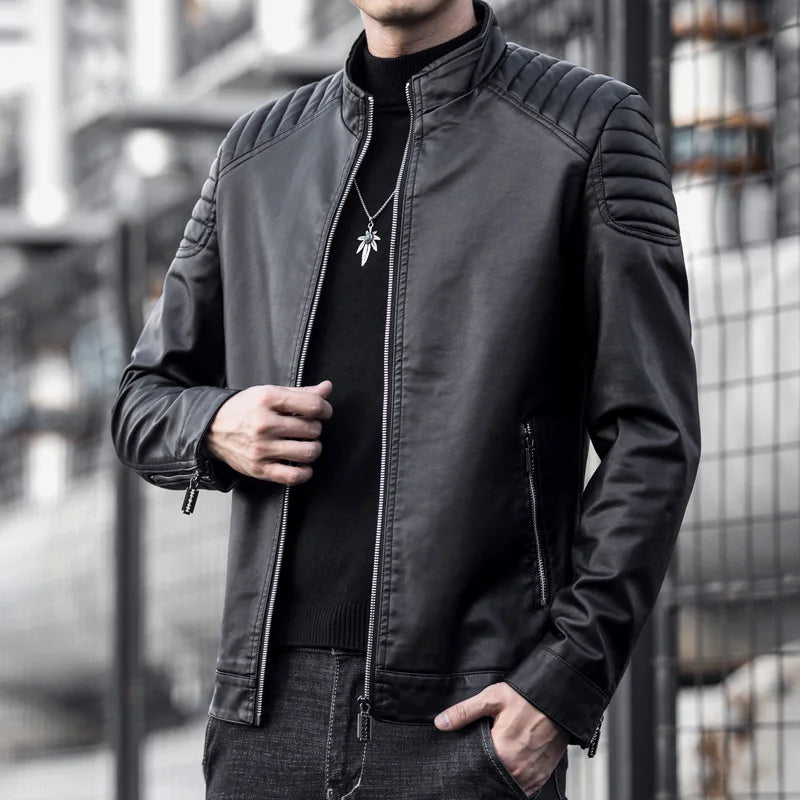 Herren Lederjacke Schwarz Slim Fit Klassisch Reißverschluss Elegant