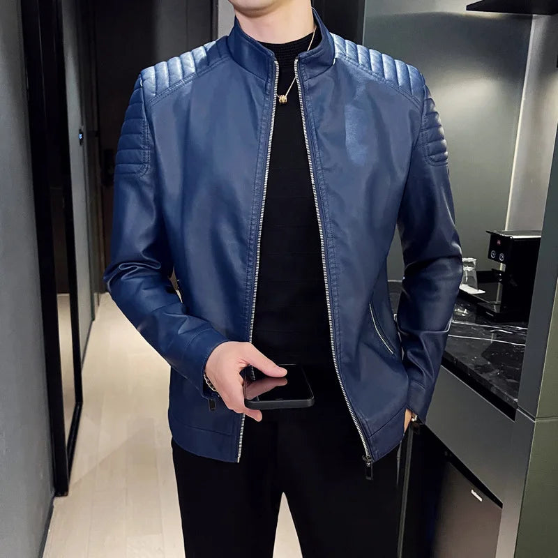 Herren Lederjacke einfarbig Slim Fit Reißverschluss Langarm Freizeit Bikerjacke