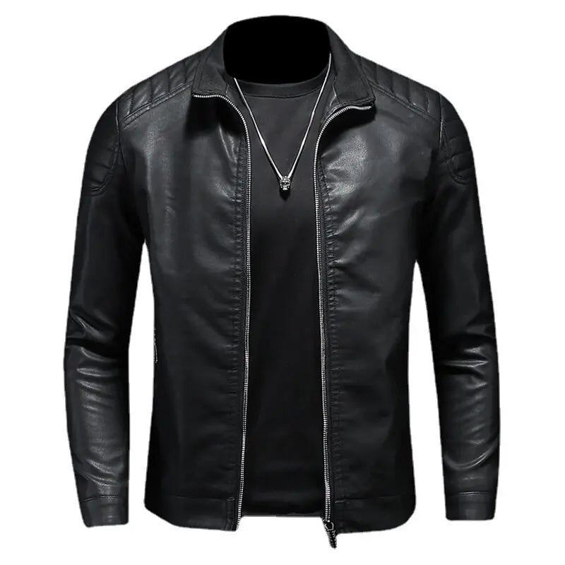 Herren Lederjacke Schwarz Slim Fit Klassisch Reißverschluss Elegant