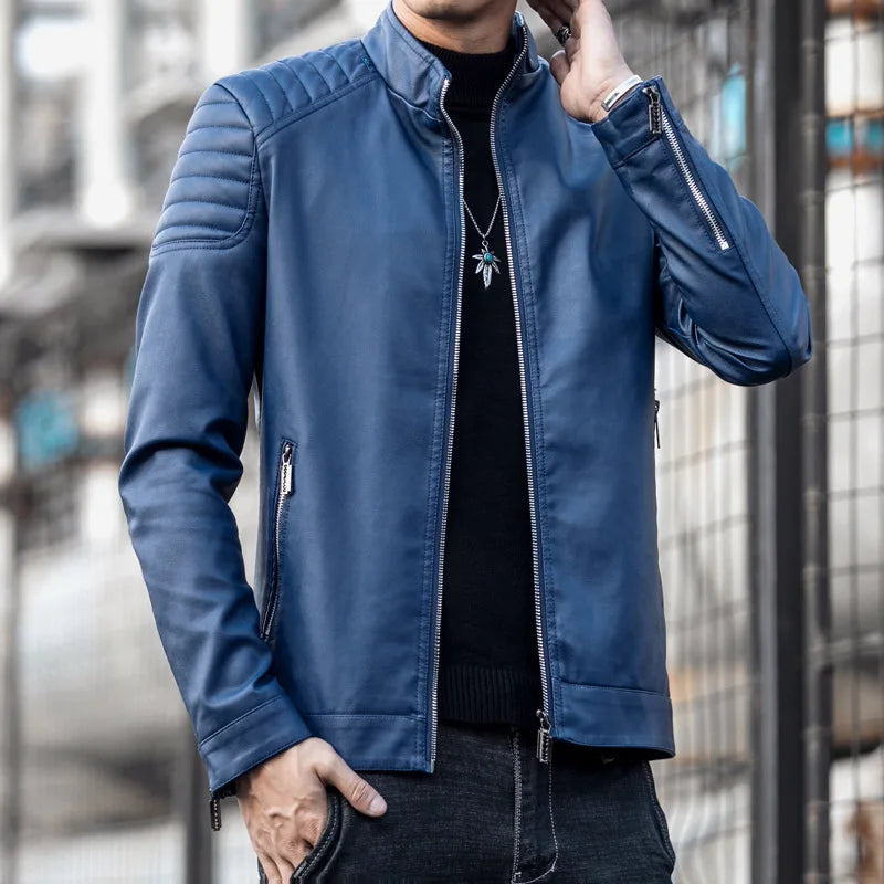 Herren Lederjacke Schwarz Slim Fit Klassisch Reißverschluss Elegant