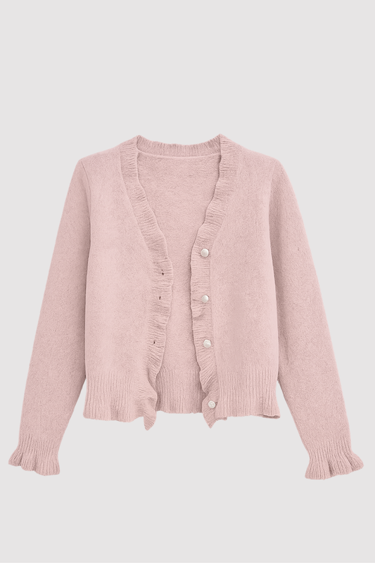 Damen Strickjacke Langarm Tailliert Knopfleiste Rüschen Regular Fit Elegant Freizeit Cardigan