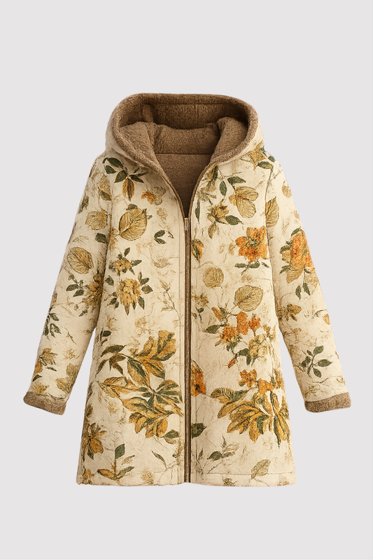 Damen Winterjacke Blumenmuster Kapuze Kunstfell Fleece Warm Leicht Regular Fit Mehrfarbig