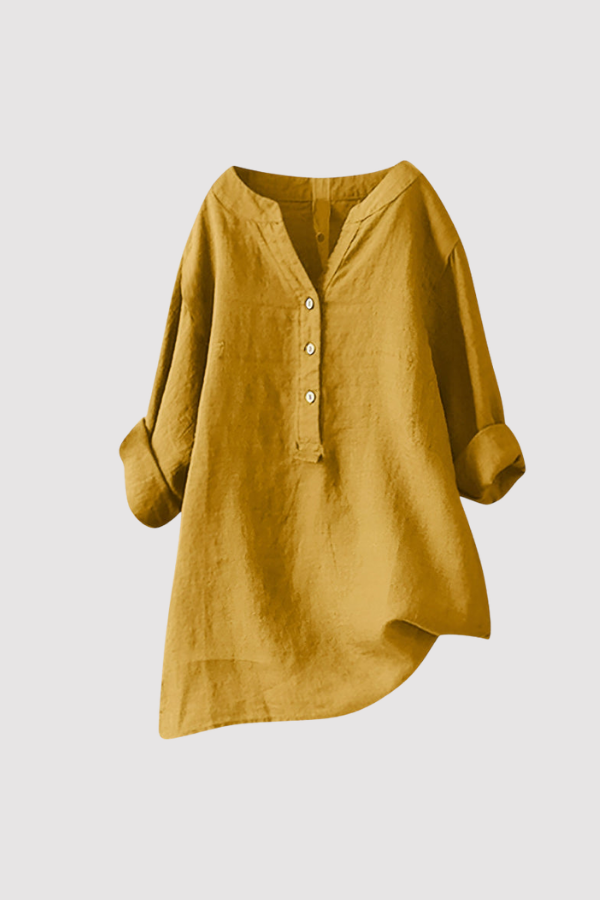 Damen Bluse Leinen, lockere Passform, V-Ausschnitt, Knopfleiste, langarm
