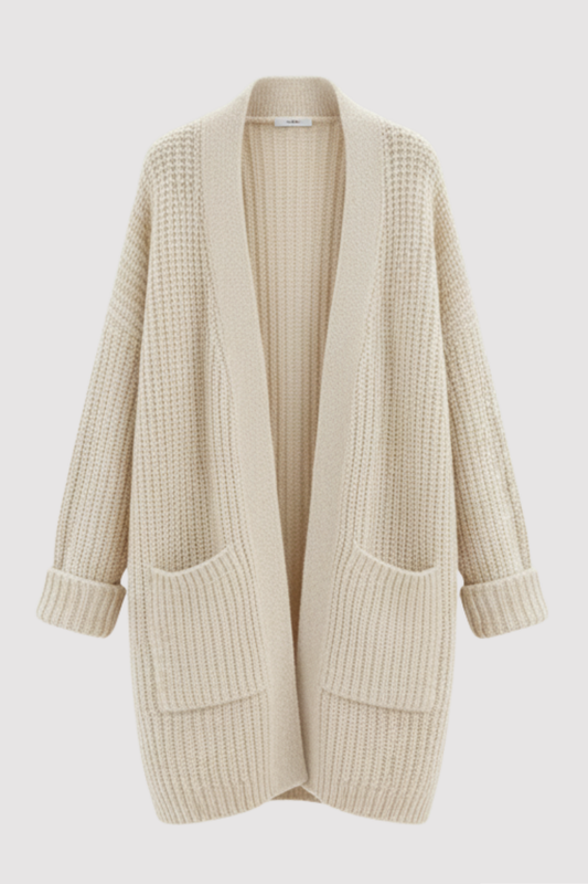 Damen Strickjacke lang Wollmischung offen Grobstrick Regular Fit Taschen Freizeit Cardigan warm