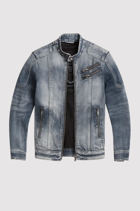 Herren Jeansjacke Denim Regular Fit Langarm Reißverschluss Freizeit Übergangsjacke Used Look