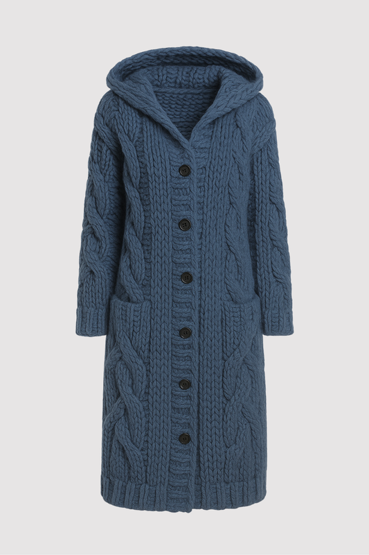 Damen Strickmantel Lang Kapuze Knopfleiste Lässig Warm