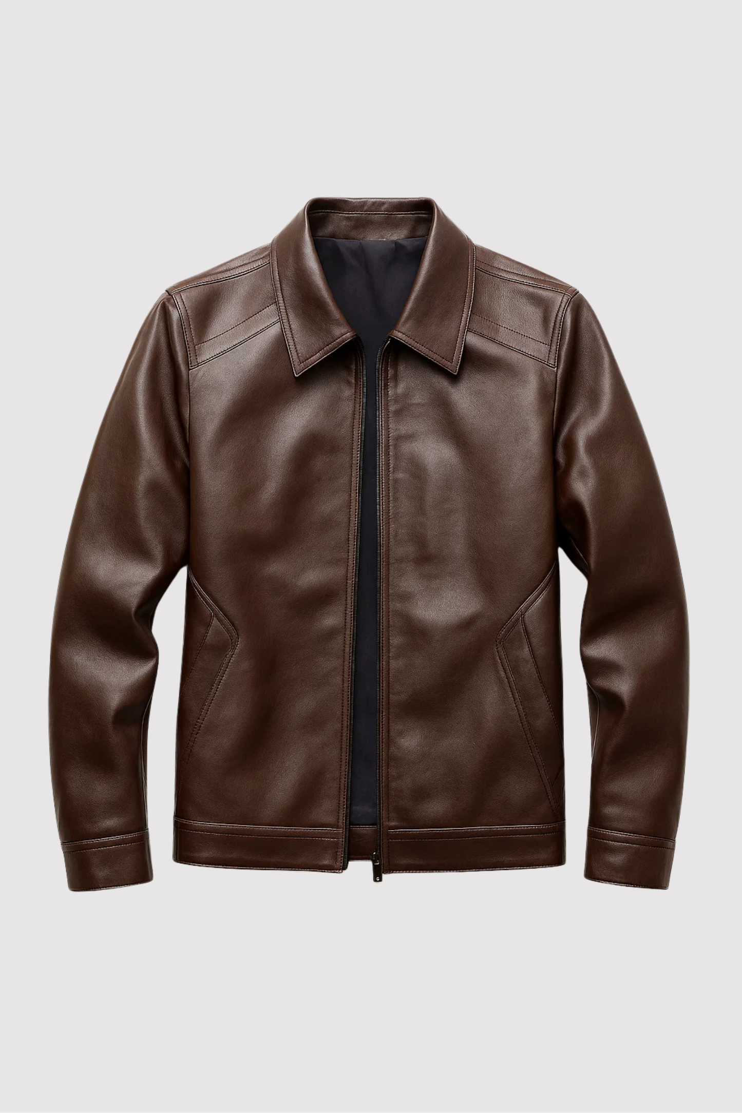Herren Lederjacke einfarbig Klassisch Regular Fit Langarm Reißverschluss Freizeit Übergangsjacke