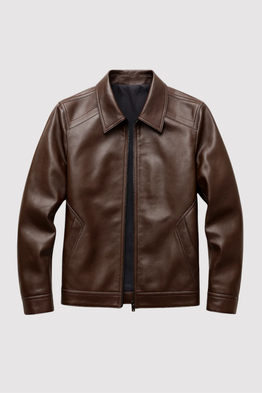 Herren Lederjacke einfarbig Klassisch Regular Fit Langarm Reißverschluss Freizeit Übergangsjacke