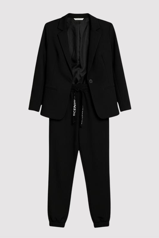 Damen Blazer und Jogginghose Set elegant locker geschnitten mit Kontrastkordel bequeme Passform