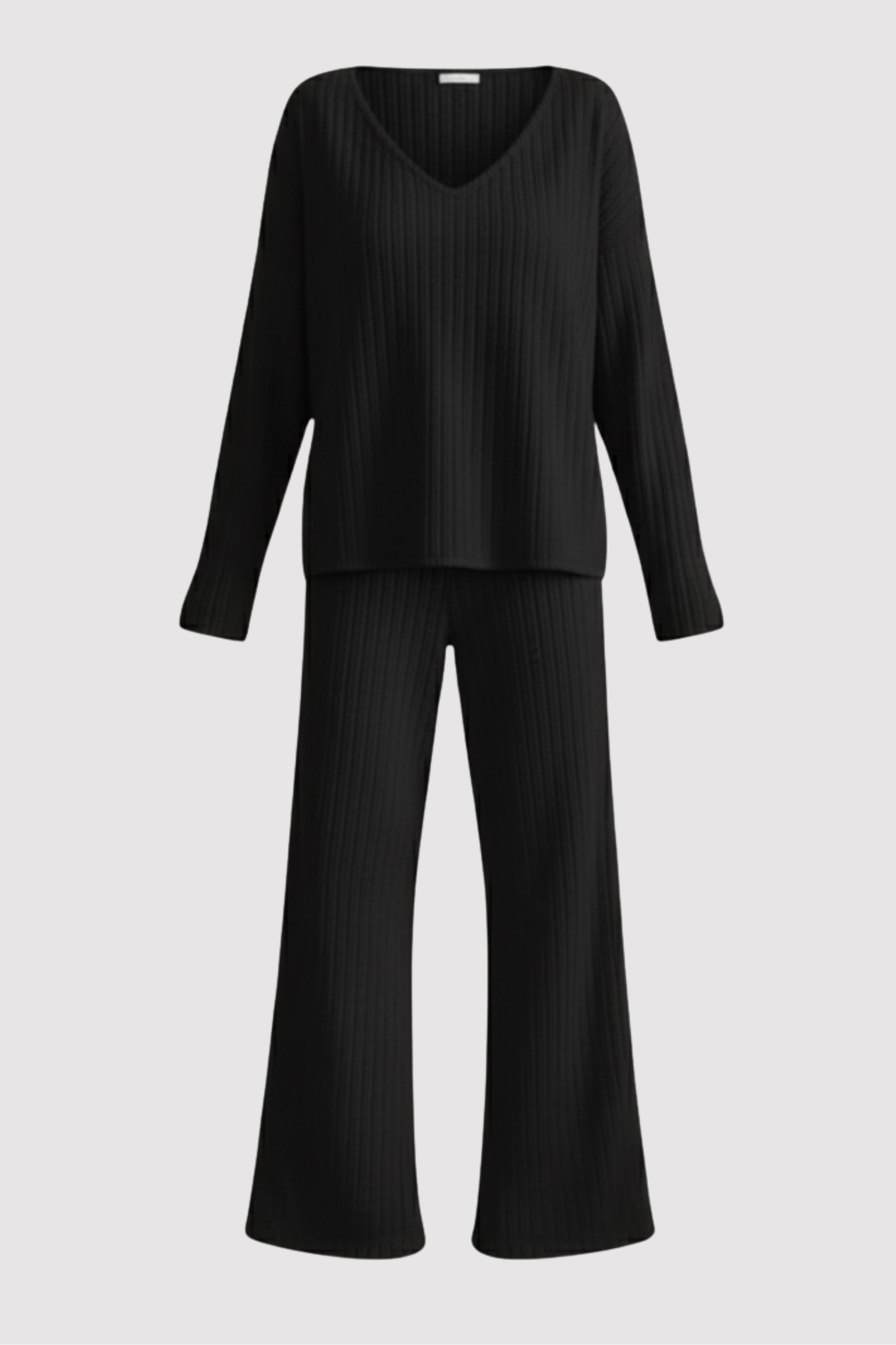 Damen Zweiteiler Regular Fit Geripptes Oberteil mit V-Ausschnitt Hose Elastischer Bund Casual Lounge Set 2-teilig