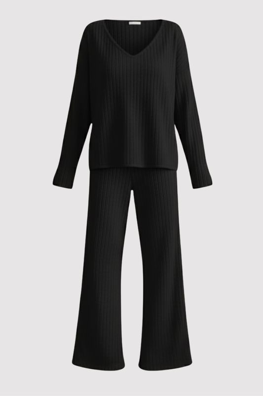 Damen Zweiteiler Regular Fit Geripptes Oberteil mit V-Ausschnitt Hose Elastischer Bund Casual Lounge Set 2-teilig