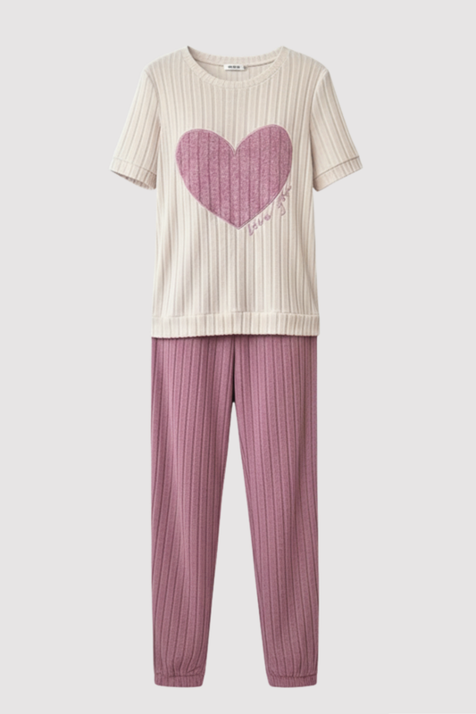 Damen Zweiteiler Regular Fit Ripp-Pyjama Set Kurzarm Oberteil mit Herzmotiv Hose Elastischer Bund Lounge Set 2-teilig