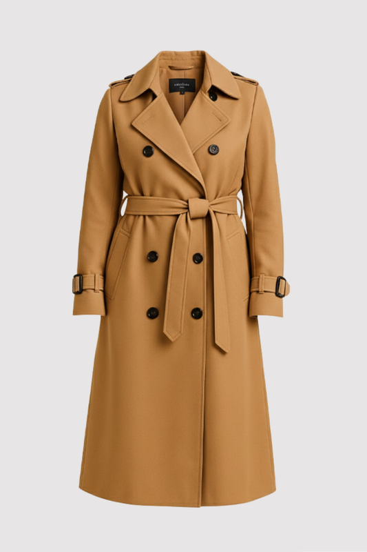 Damen Mantel Regular Fit Lang Doppelreihig Bindegürtel Elegant Übergang Frühling Herbst Struktur
