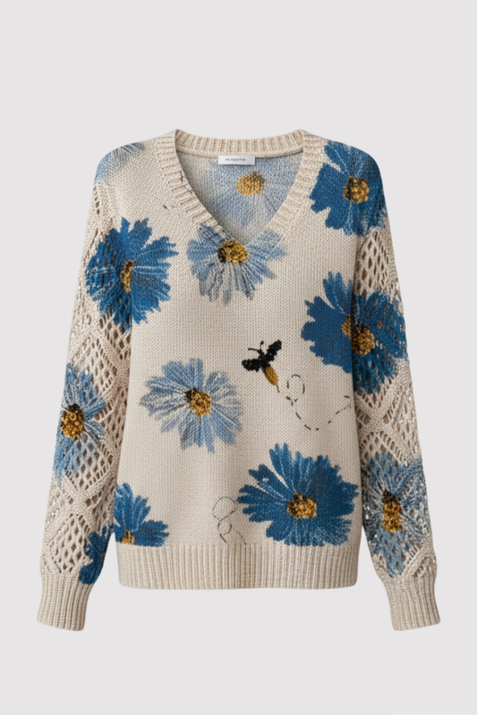 Damen Strickjacke Blumenmuster V-Ausschnitt Regular Fit Leicht Mittelschwer Häkeloptik Freizeit