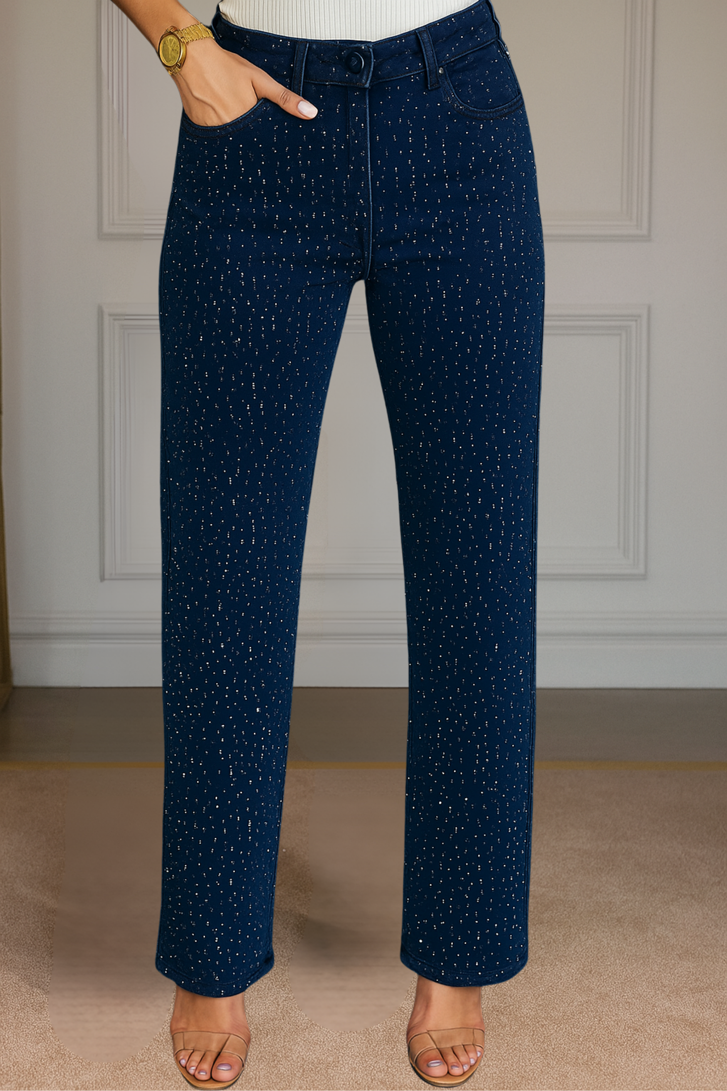 Damen Jeans Regular Fit Gerade Bein High Waist Strass Applikation Stretch Denim Casual Elegant Abend