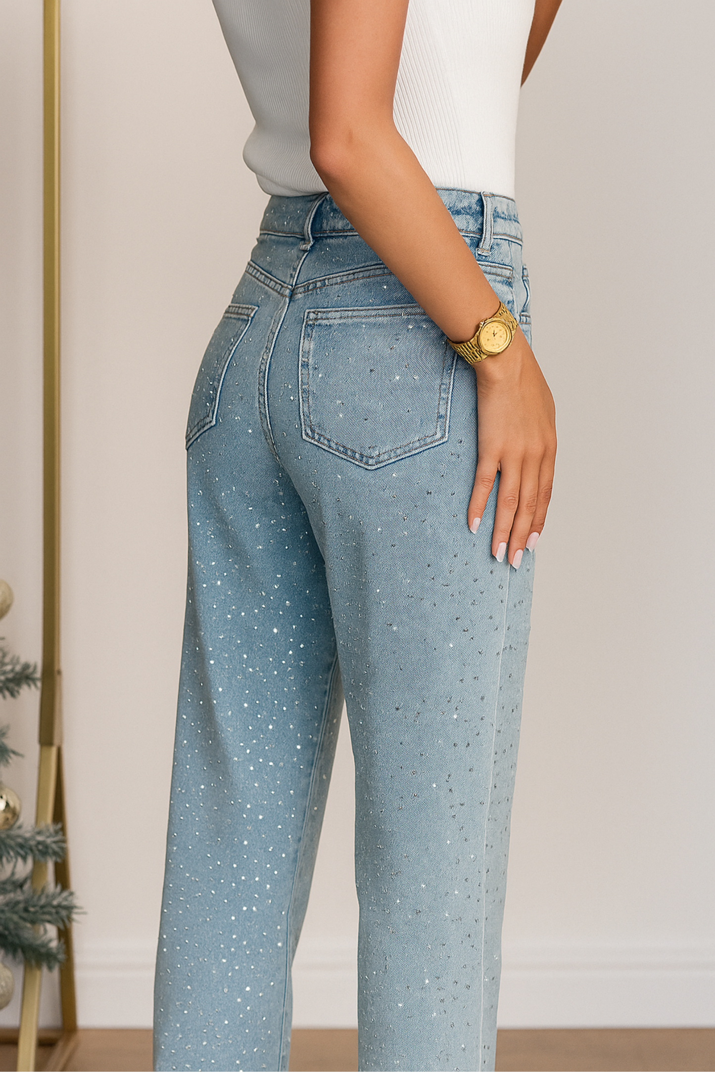 Damen Jeans Regular Fit Gerade Bein High Waist Strass Applikation Stretch Denim Casual Elegant Abend