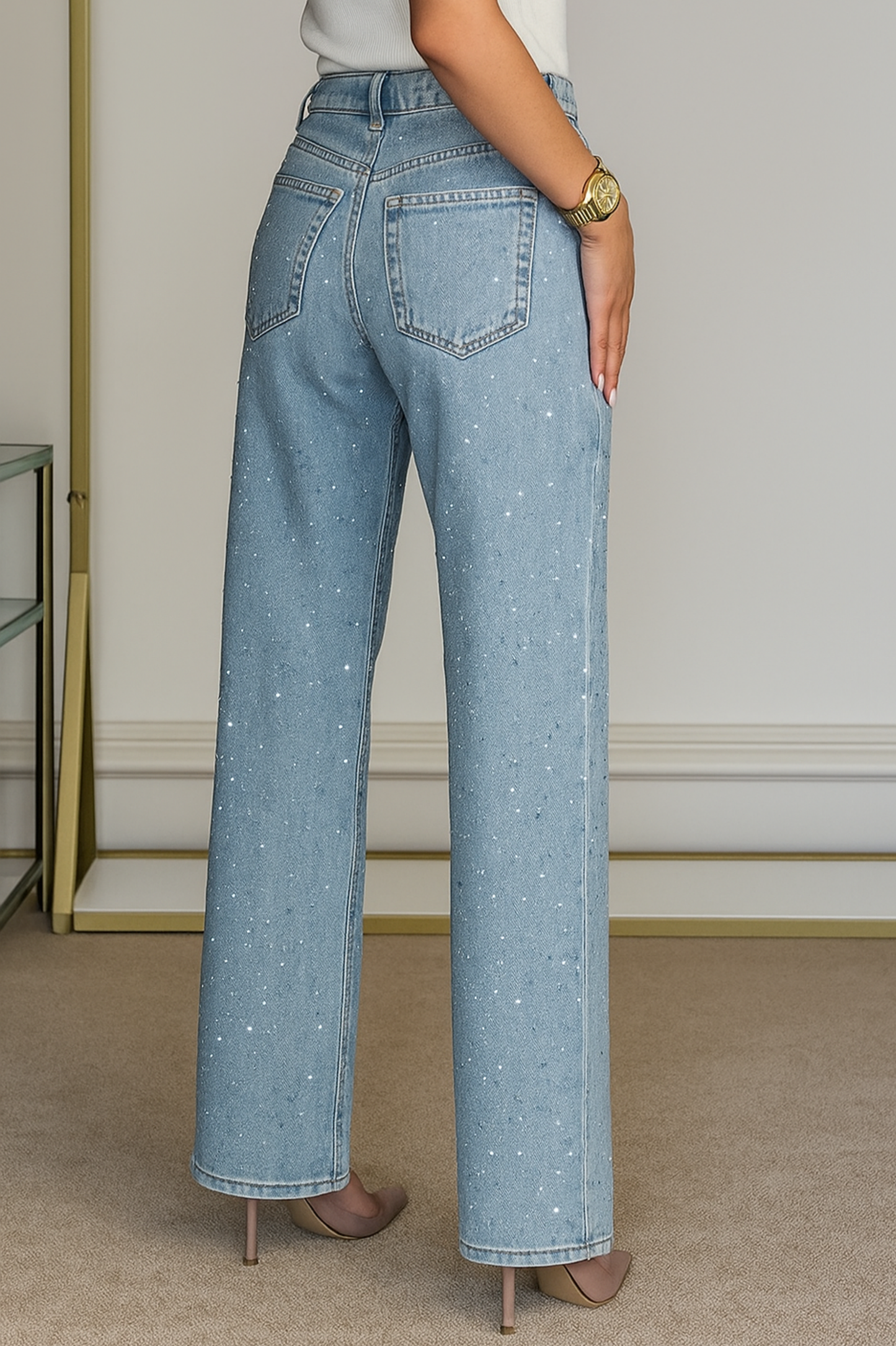 Damen Jeans Regular Fit Gerade Bein High Waist Strass Applikation Stretch Denim Casual Elegant Abend