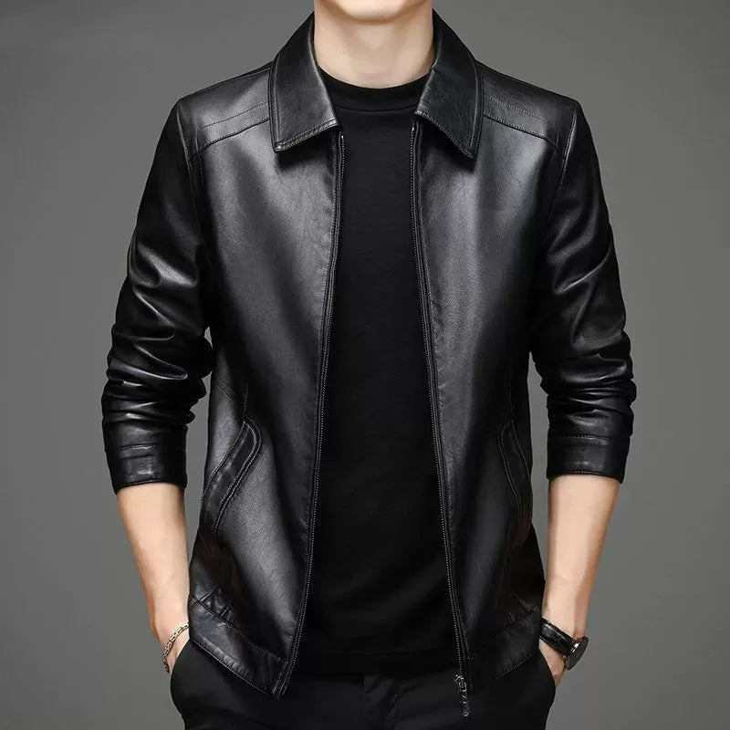 Herren Lederjacke einfarbig Klassisch Regular Fit Langarm Reißverschluss Freizeit Übergangsjacke