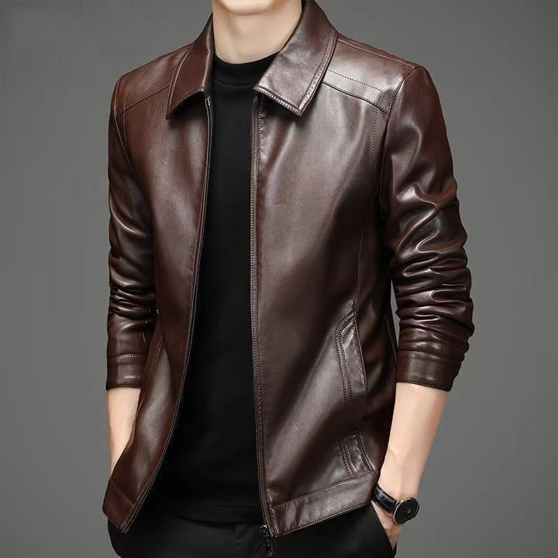 Herren Lederjacke einfarbig Klassisch Regular Fit Langarm Reißverschluss Freizeit Übergangsjacke