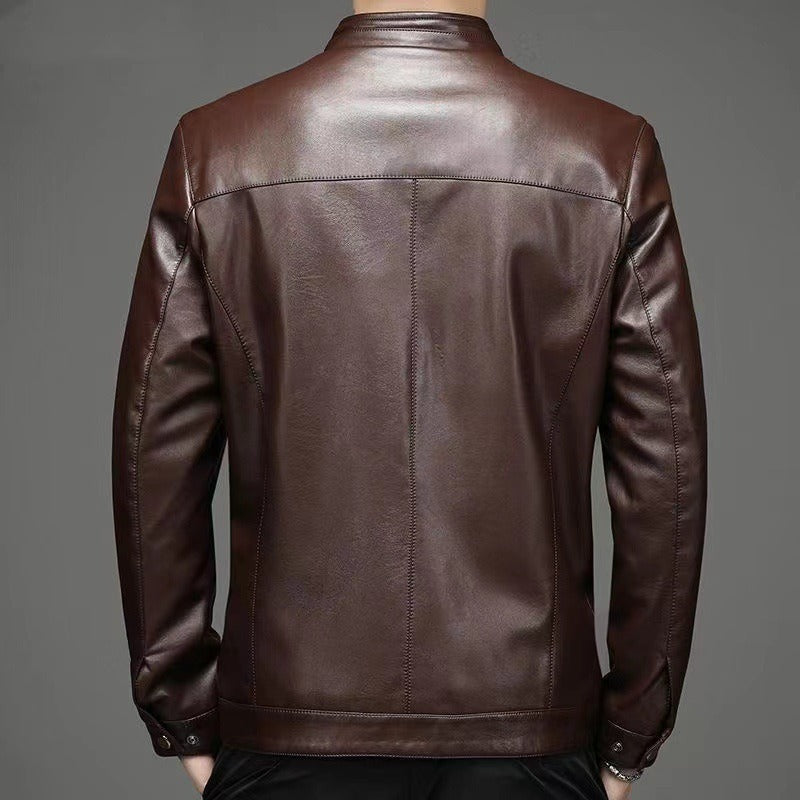 Herren Lederjacke einfarbig Klassisch Regular Fit Langarm Reißverschluss Freizeit Übergangsjacke