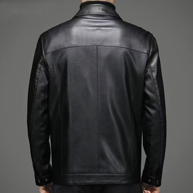 Herren Lederjacke einfarbig Klassisch Regular Fit Langarm Reißverschluss Freizeit Übergangsjacke