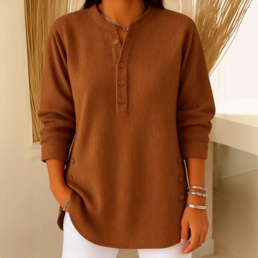 Damen Tunika Lang Lockerer Schnitt Knopfleiste Stretch Bequem Fließend