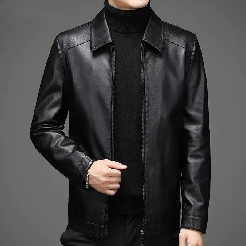 Herren Lederjacke einfarbig Klassisch Regular Fit Langarm Reißverschluss Freizeit Übergangsjacke