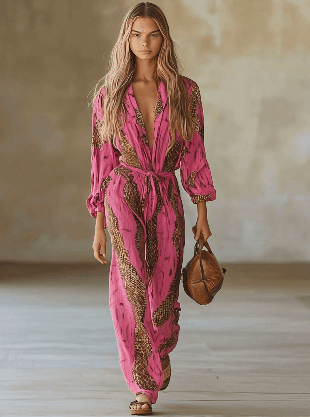 Damen Jumpsuit Leopardenmuster rosa, lockere Passform, Gürtel, langarm, Chiffon