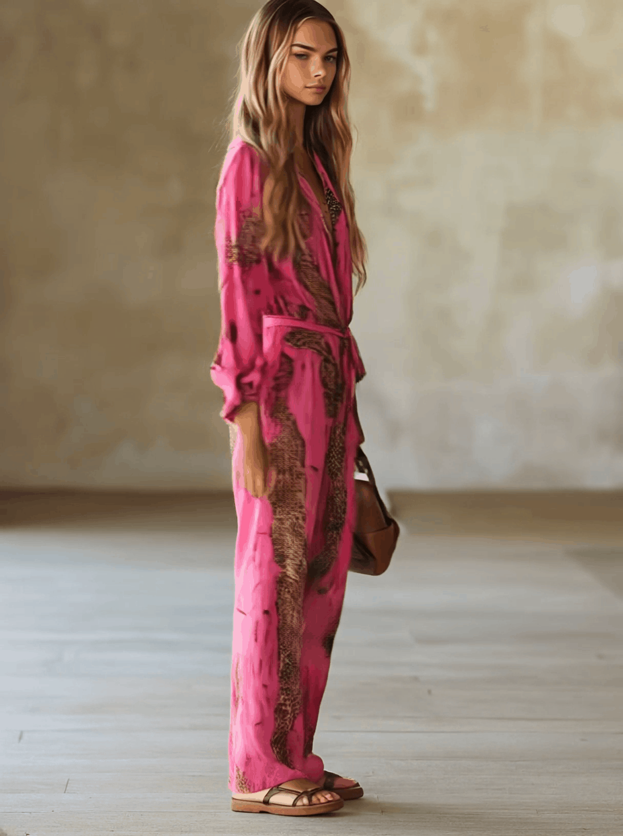 Damen Jumpsuit Leopardenmuster rosa, lockere Passform, Gürtel, langarm, Chiffon