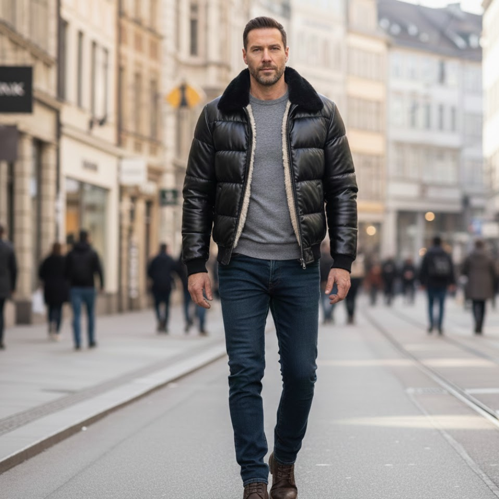Herren Winterjacke Regular Fit Gepolstert Lederoptik Warm Gefüttert Hoher Kragen Outdoor Alltag Winter