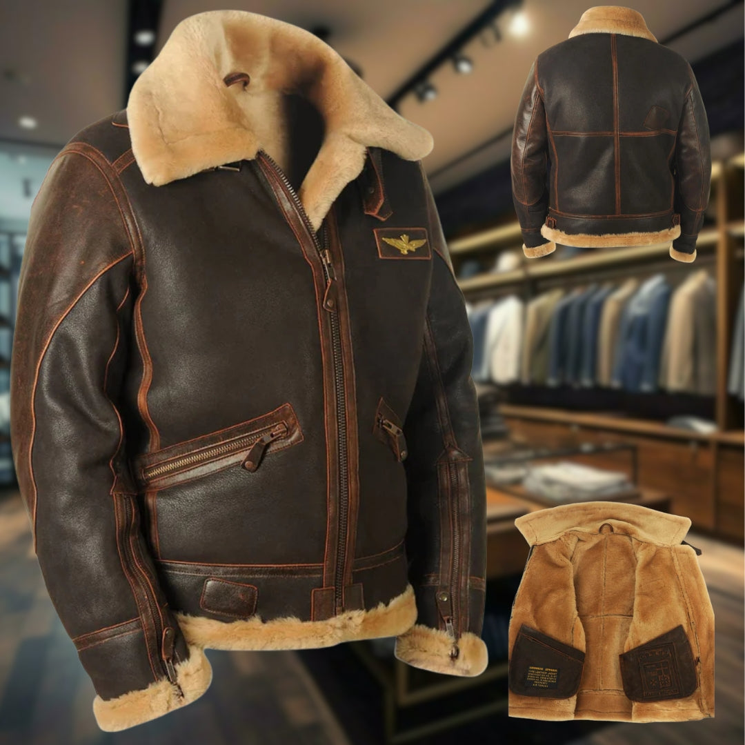 Herren Fliegerjacke Regular Fit Leder Schafwolle Futter Aviator Winter Warm Vintage Klassisch Outdoor Elegant