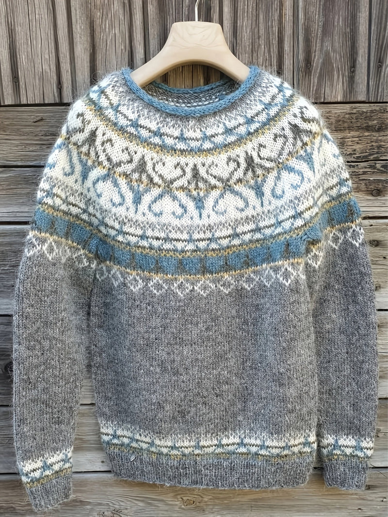 Damen Strickpullover Rundhals Muster Warm Komfort Winter Alltag