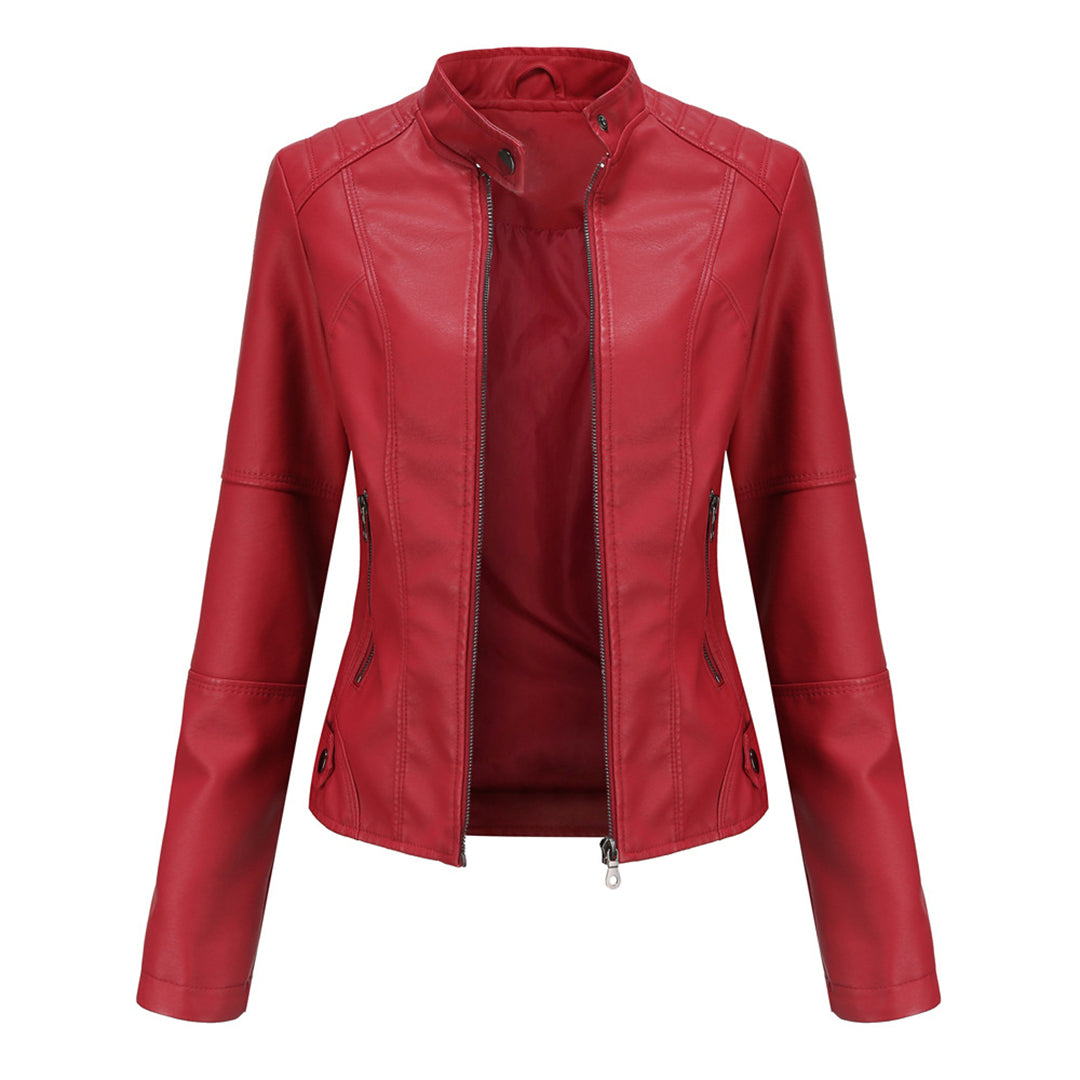 Damen Lederjacke Regular Fit Kunstleder Elegant Zeitlos Alltag Freizeit Übergang Hochkragen Reißverschluss