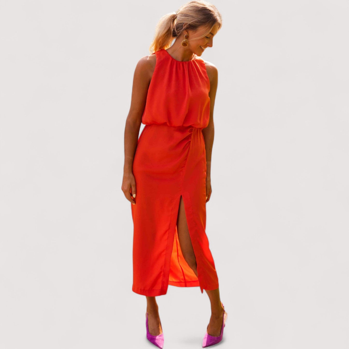 Damen Maxikleid hoher Ausschnitt Seitenschlitz fließend elegant sommerlich