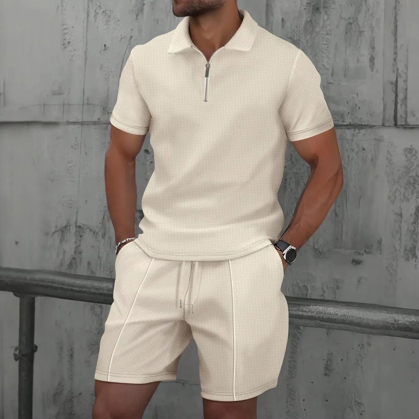 Herren Polo Set Creme mit Shorts Kurzarm Reißverschluss Strukturmuster Freizeit Zweiteiler Sommer