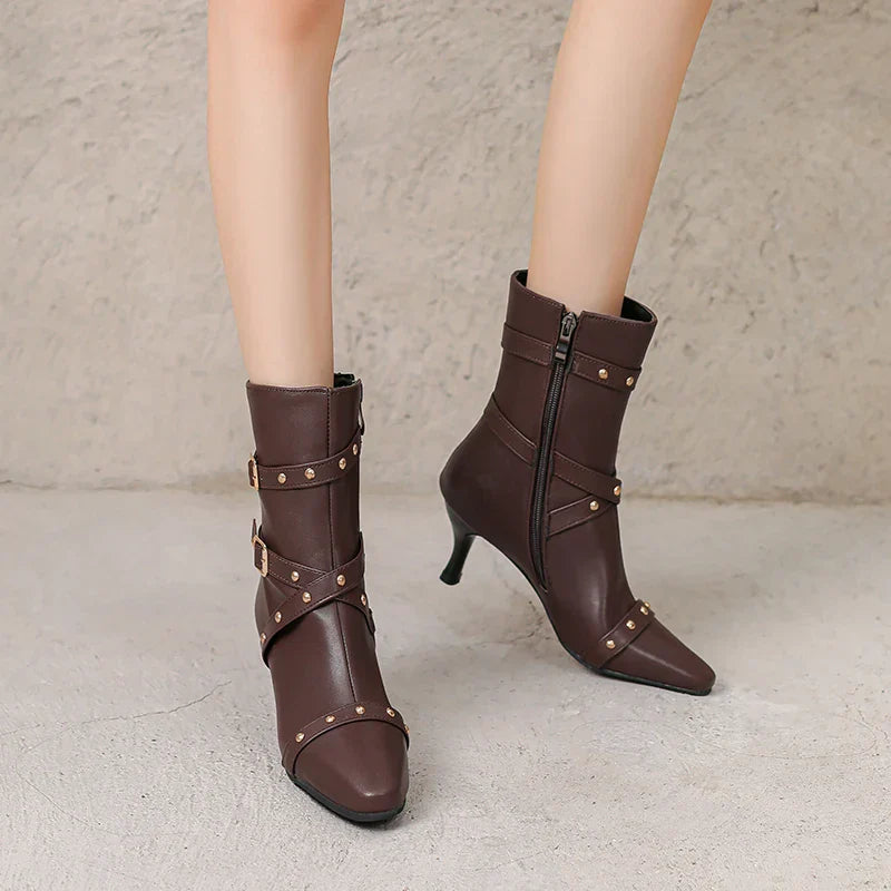Damen Stiefeletten Spitzniete Reißverschluss Ferse modern elegant