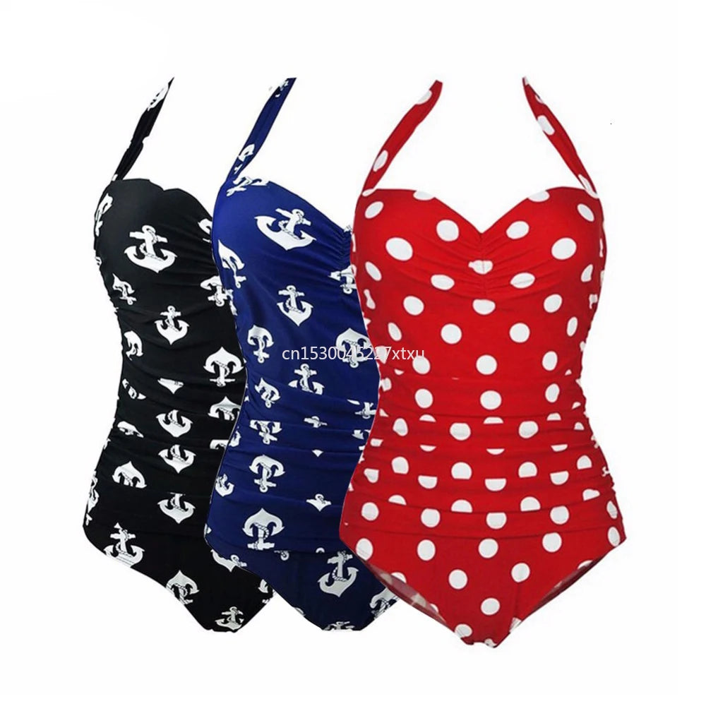 Damen Plus-Size Badeanzug Retro Punkte Einteilig Monokini Bademode