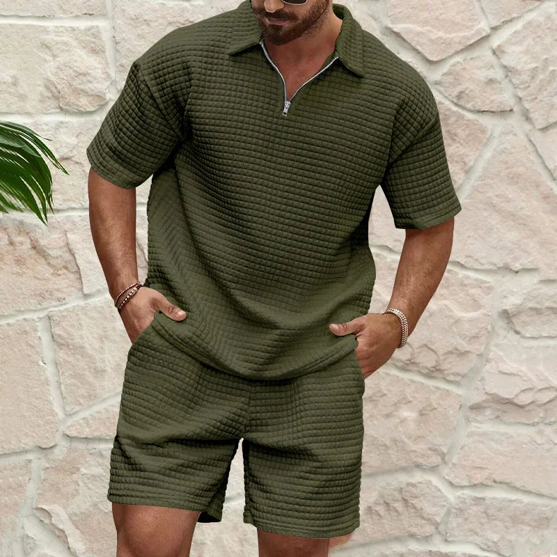 Herren Kurzarm Polo-Set Olivgrün mit Shorts Strukturmuster Reißverschluss atmungsaktiv Freizeit Zweiteiler